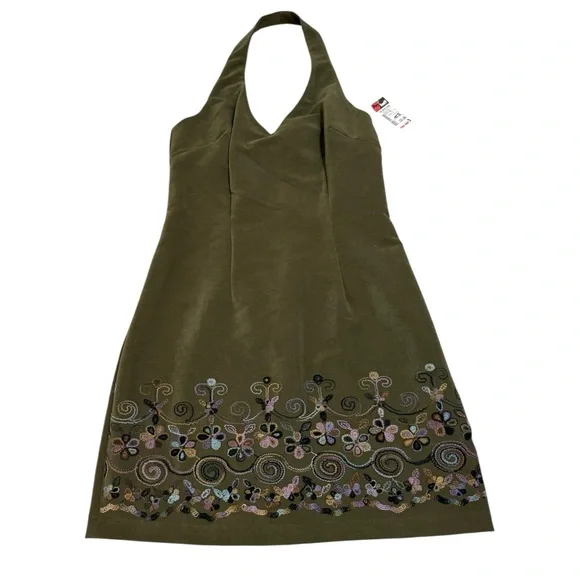 Vintage Deadstock City Triangles Green Suede Embroidered Halter Dress - Picture 2 of 10